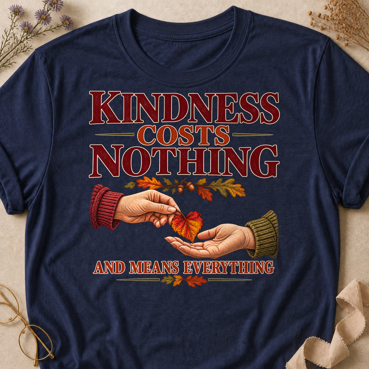 Kindness Costs Nothing And Means Everything Fall Colored Print T-Shirt - Heather Navy - Brooke & Belle