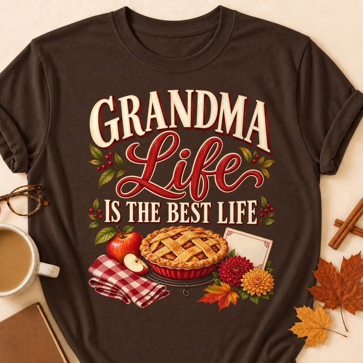 Grandma Life Is The Best Life Fall Colored Print T-Shirt - Dark Chocolate - Brooke & Belle