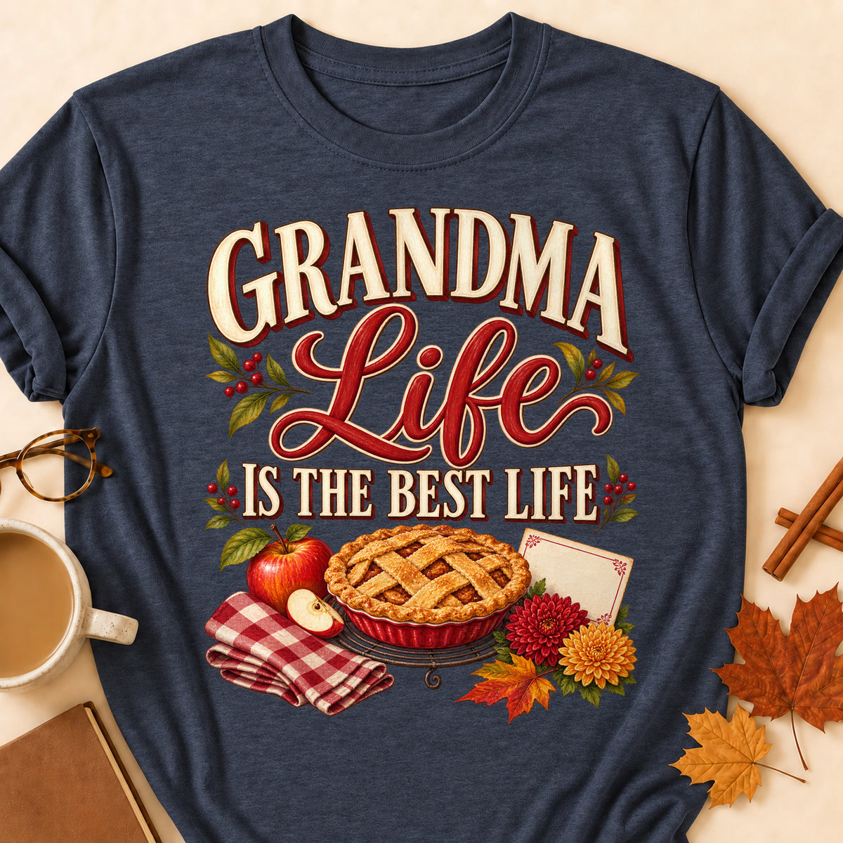 Grandma Life Is The Best Life Fall Colored Print T-Shirt - Heather Navy - Brooke & Belle
