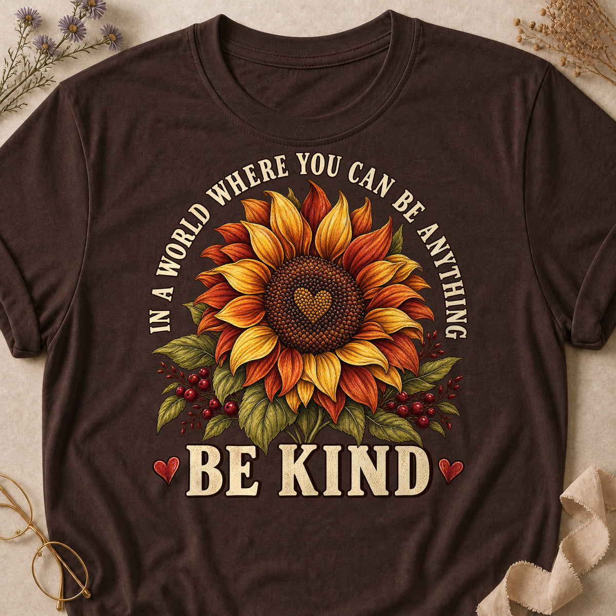 In A World Where You Can Be Anything Be Kind Fall Colored Print T-Shirt - Dark Chocolate - Brooke & Belle