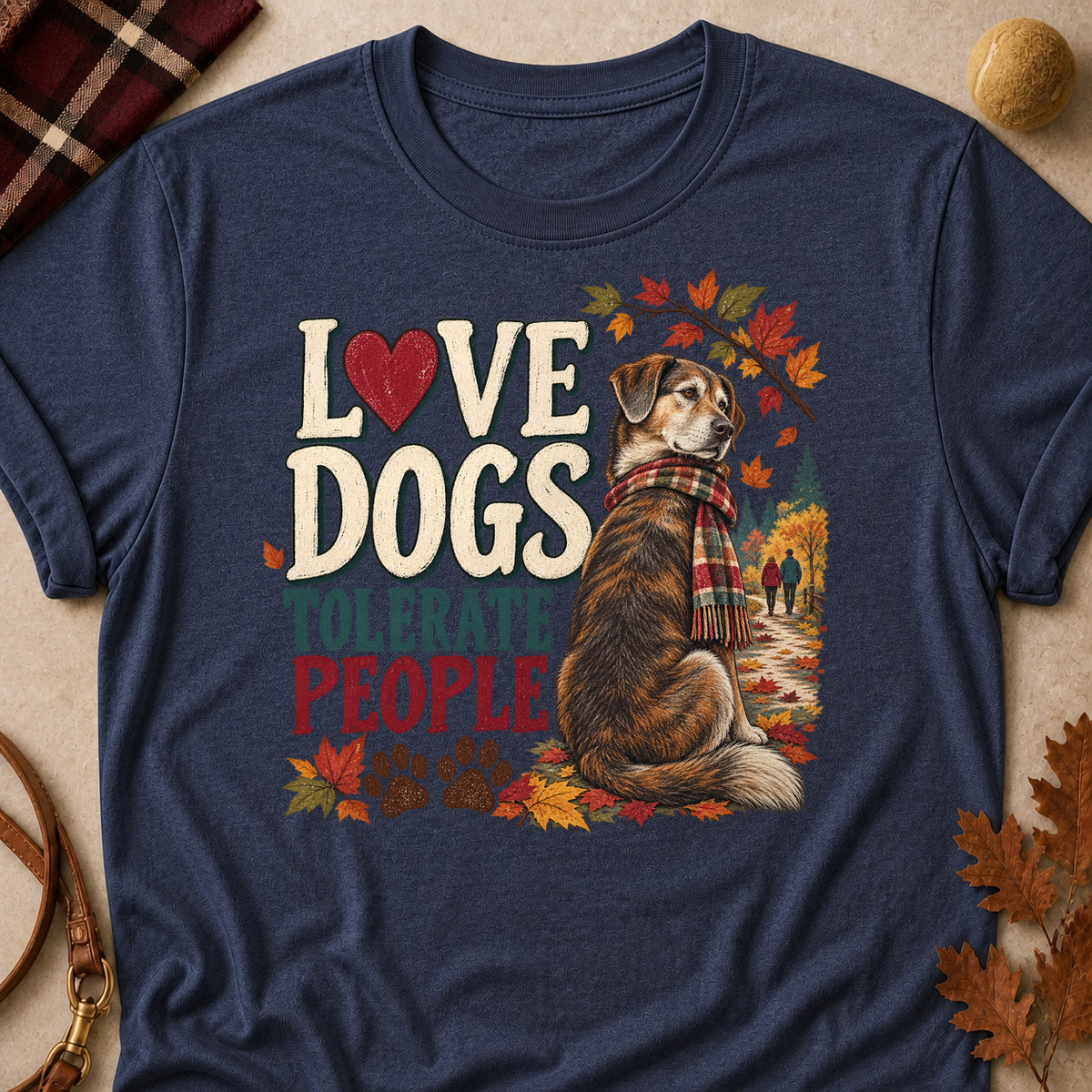 Love Dogs Tolerate People Fall Colored Print T-Shirt - Heather Navy - Brooke & Belle