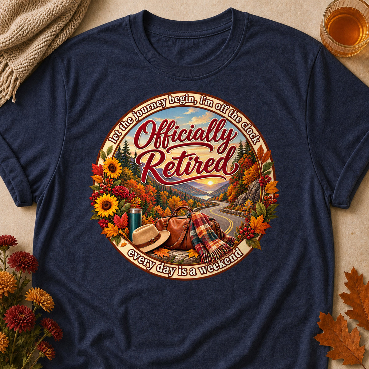 Officially Retired Every Day Is A Weekend Fall Colored Print T-Shirt - Heather Navy - Brooke & Belle