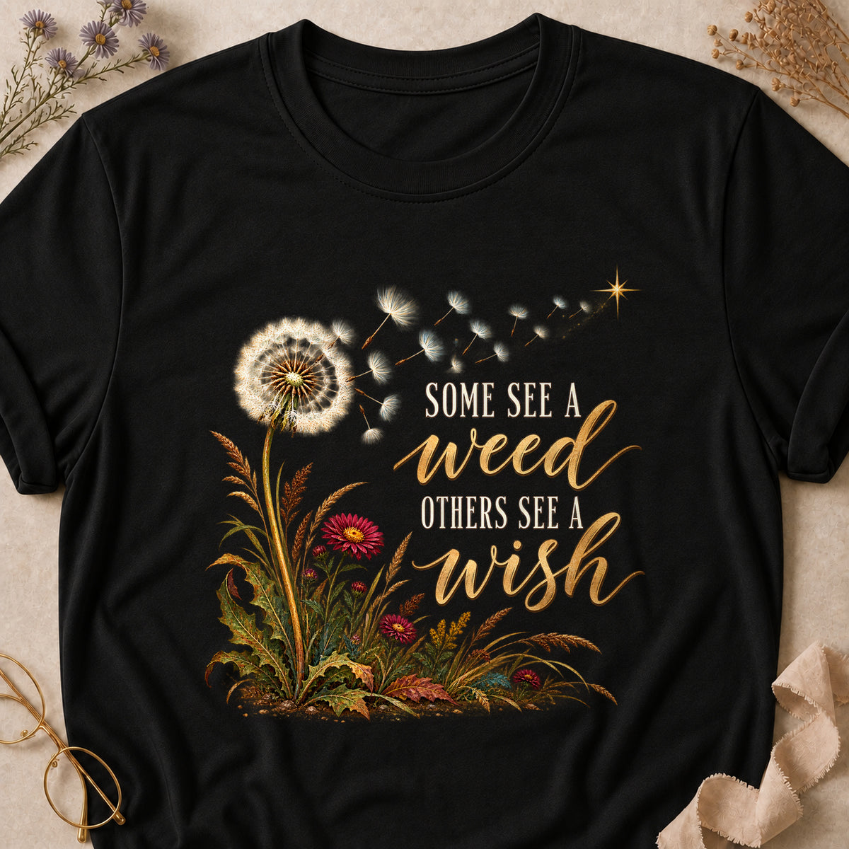 Some See A Weed Others See A Wish Fall Colored Print T-Shirt - Black - Brooke & Belle
