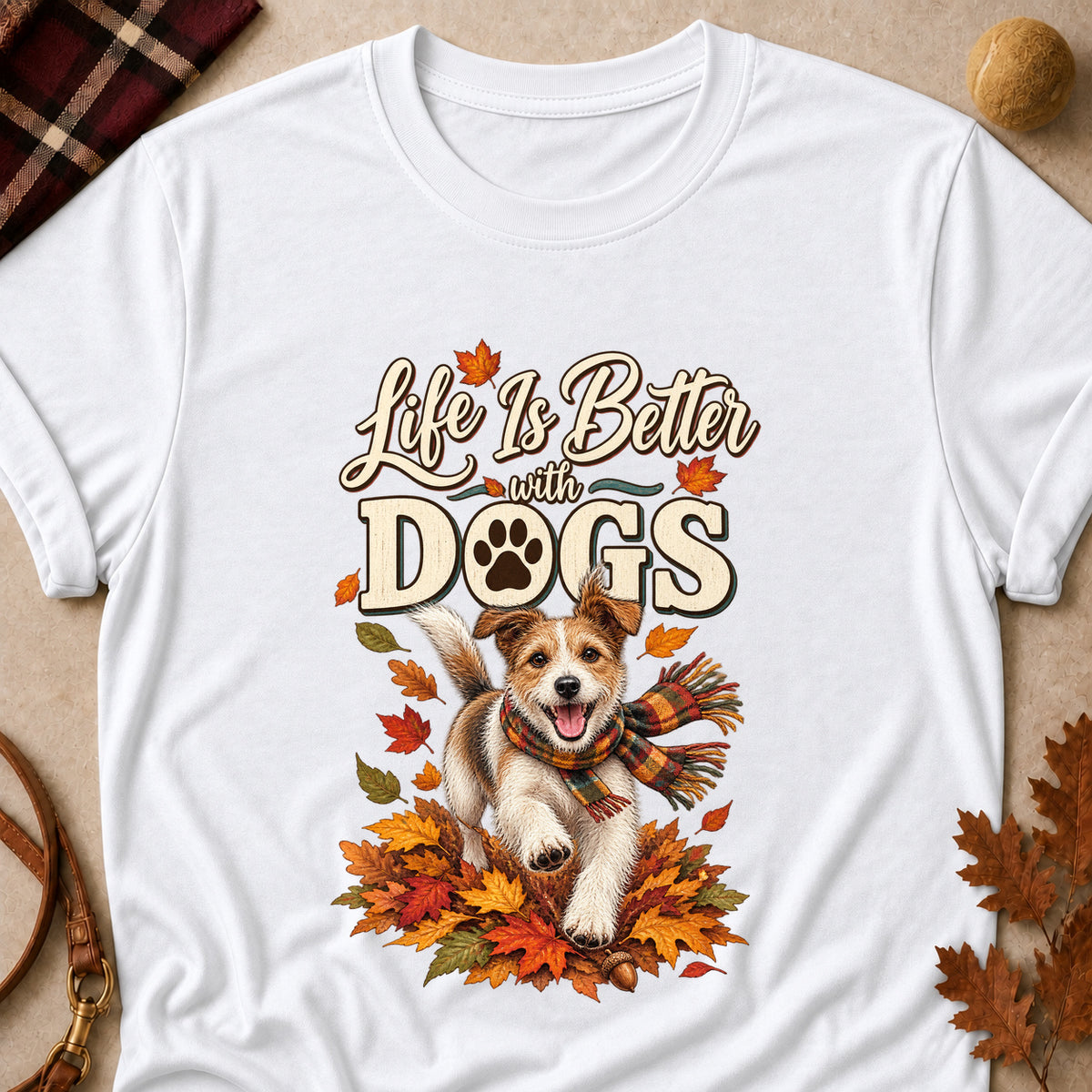 Life Is Better With Dogs Fall Colored Print T-Shirt - White - Brooke & Belle