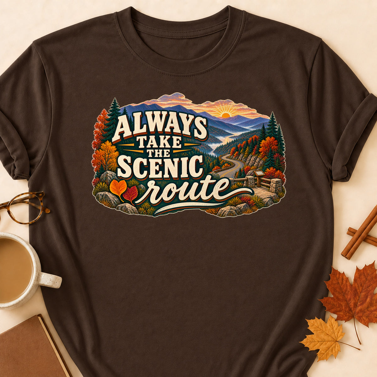 Always Take The Scenic Route Fall Colored Print T-Shirt - Dark Chocolate - Brooke & Belle
