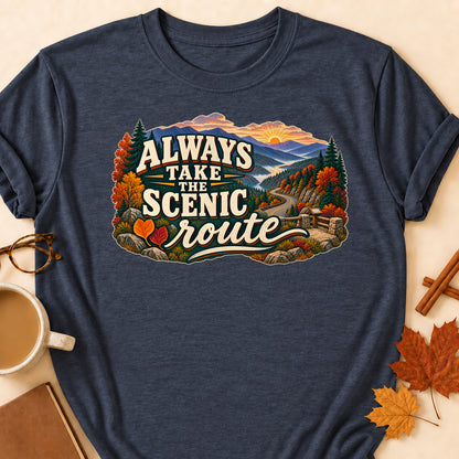 Always Take The Scenic Route Fall Colored Print T-Shirt - Heather Navy - Brooke & Belle