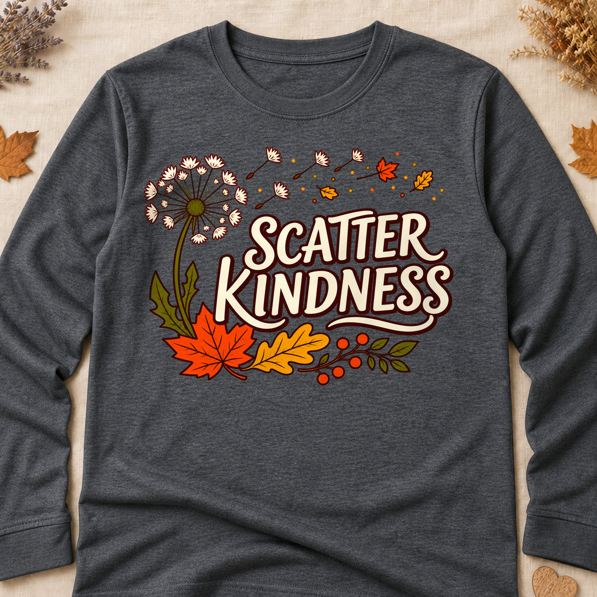 Scatter Kindness Fall Colored Print Long Sleeves - Dark Heather - Brooke & Belle