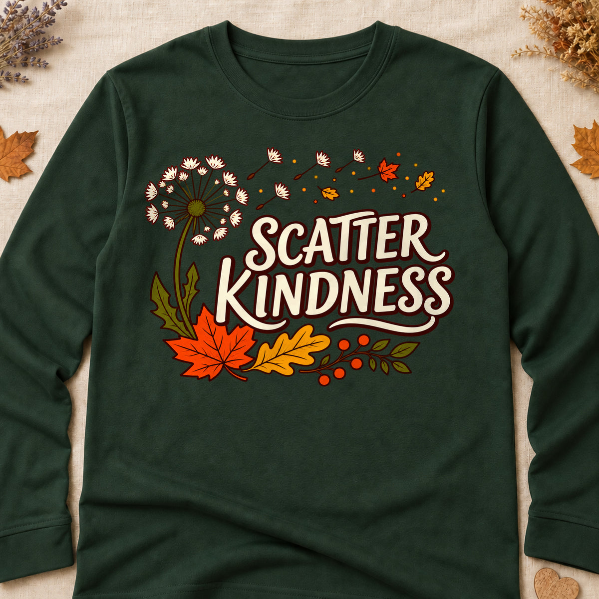 Scatter Kindness Fall Colored Print Long Sleeves - Forest Green - Brooke & Belle