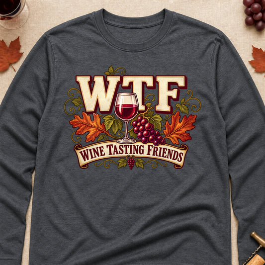 WTF Wine Tasting Friends Fall Colored Print Long Sleeves - Dark Heather - Brooke & Belle