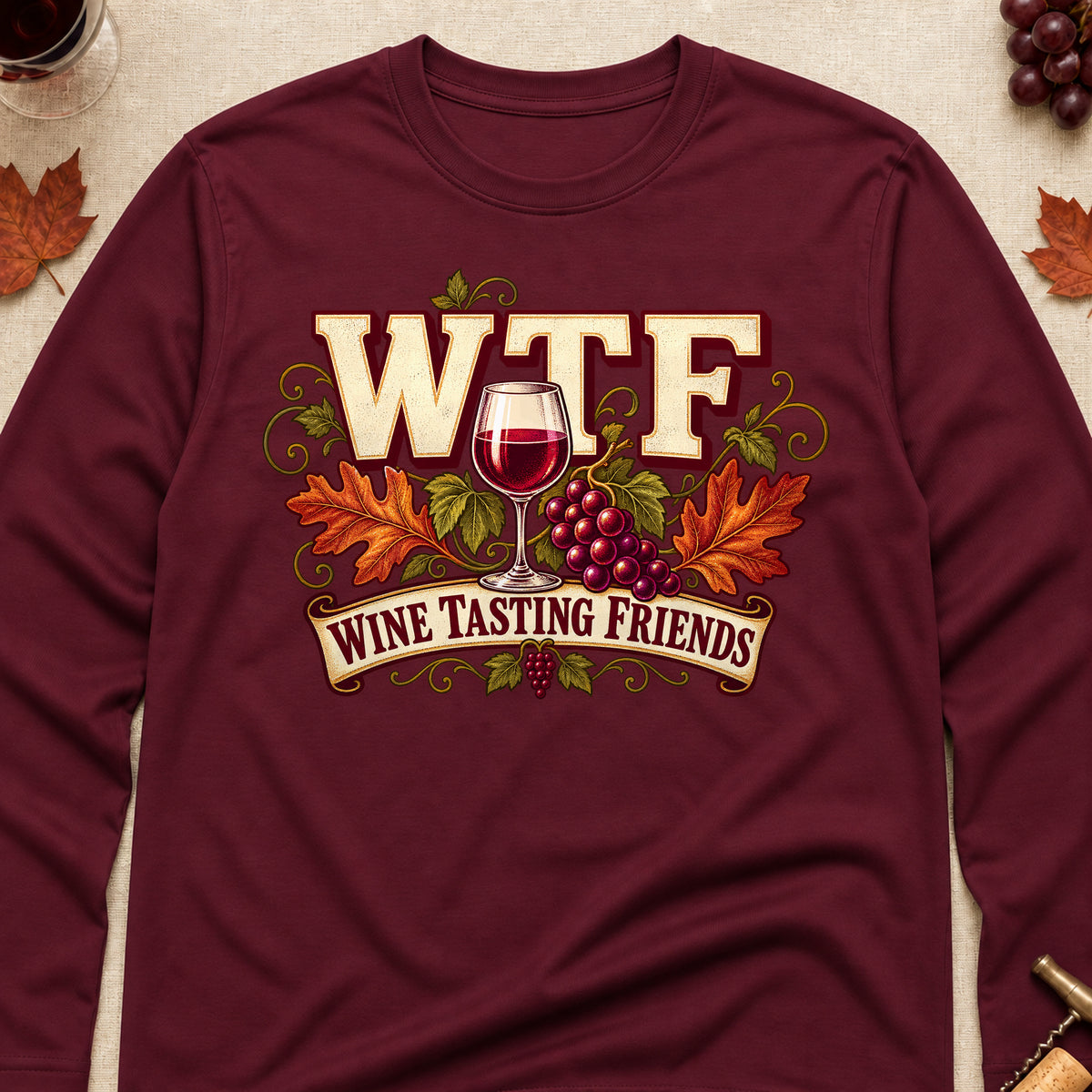 WTF Wine Tasting Friends Fall Colored Print Long Sleeves - Maroon - Brooke & Belle