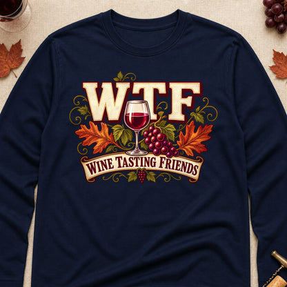 WTF Wine Tasting Friends Fall Colored Print Long Sleeves - Navy - Brooke & Belle