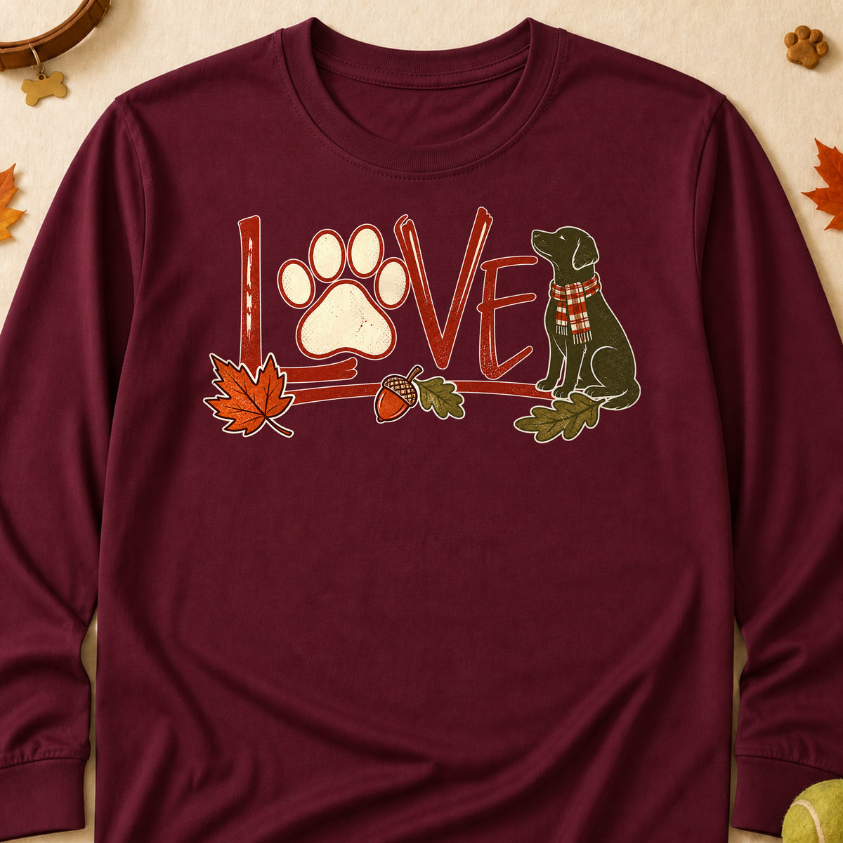 Love Paw Fall Colored Print Long Sleeves - Maroon - Brooke & Belle