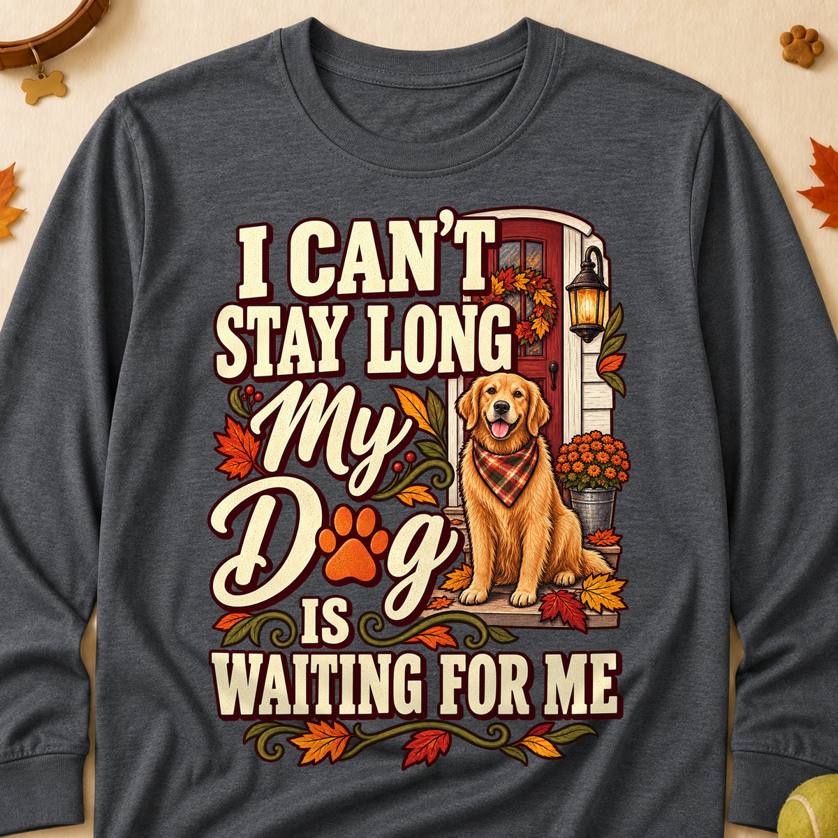 Dog Is Waiting For Me Fall Colored Print Long Sleeves - Dark Heather - Brooke & Belle