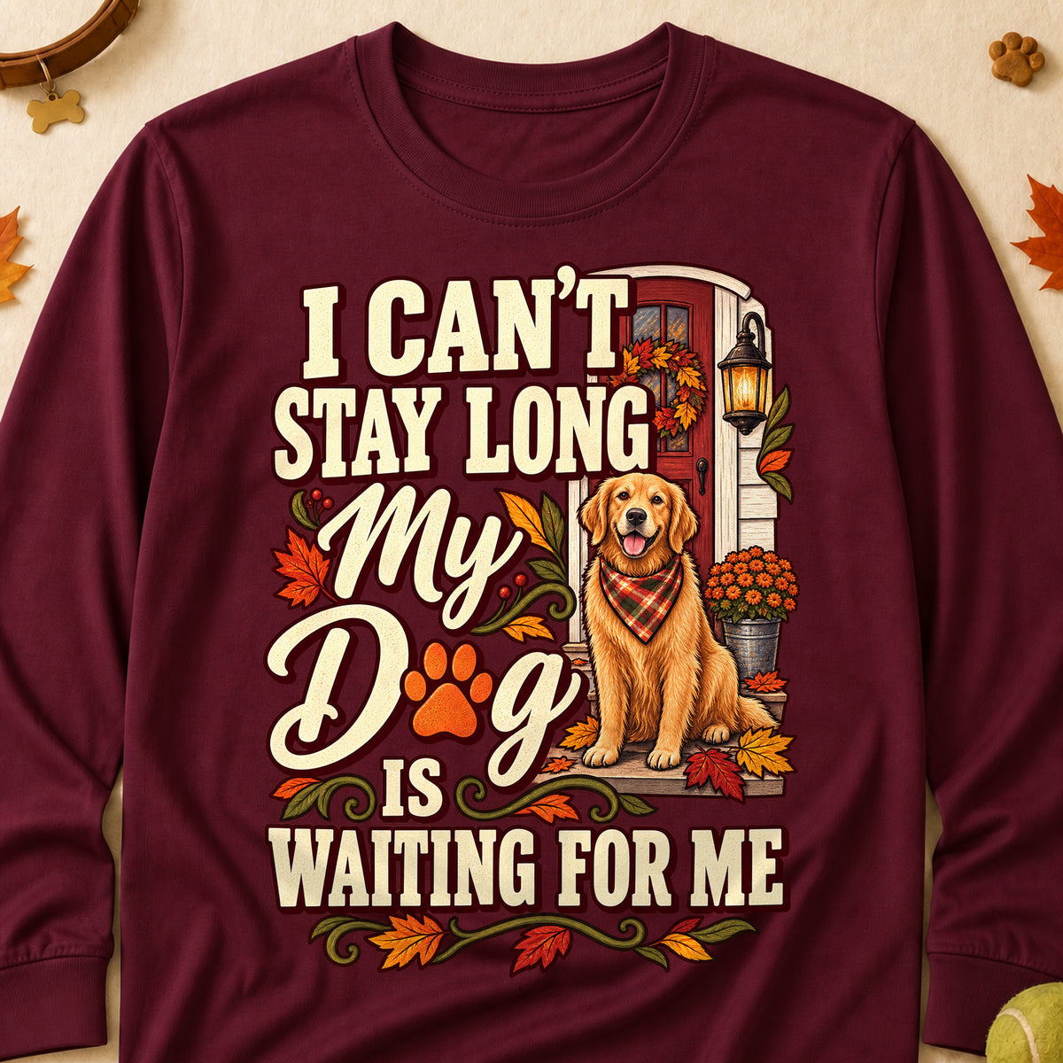 Dog Is Waiting For Me Fall Colored Print Long Sleeves - Maroon - Brooke & Belle