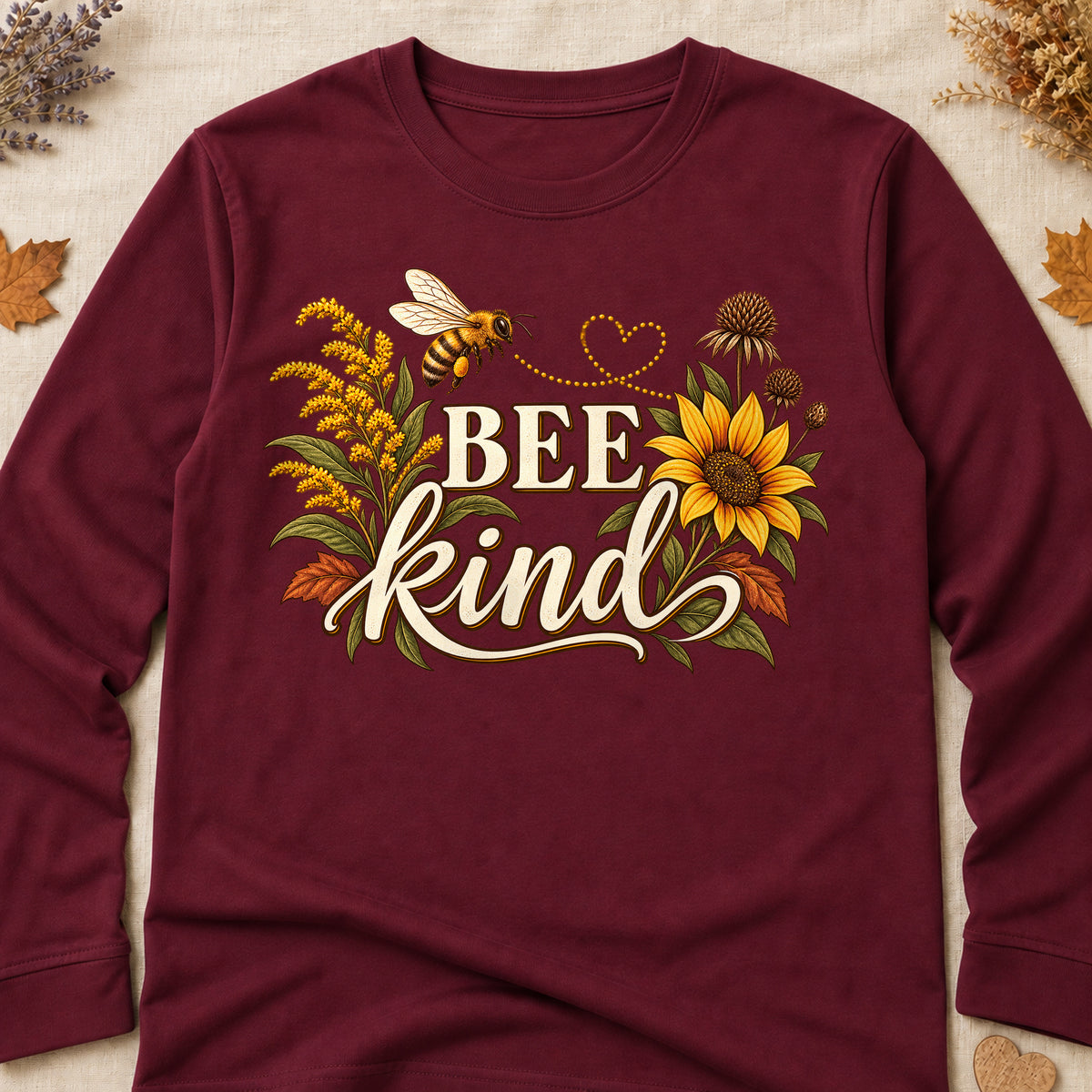 Bee Kind Fall Colored Print Long Sleeves - Maroon - Brooke & Belle