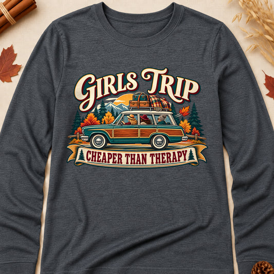 Girls Trip Cheaper Than Therapy Fall Colored Print Long Sleeves - Dark Heather - Brooke & Belle