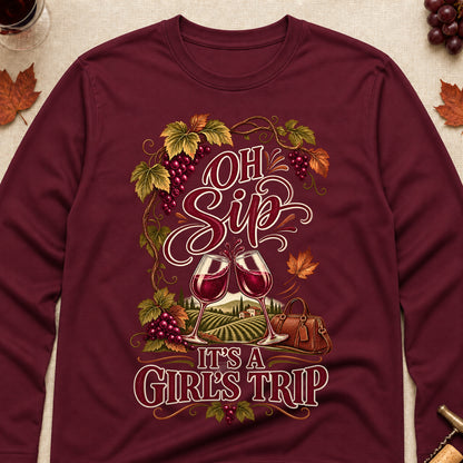 Oh Sip It's A Girl's Trip Fall Colored Print Long Sleeves - Maroon - Brooke & Belle
