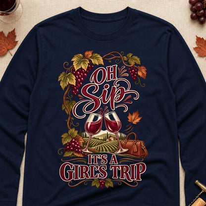 Oh Sip It's A Girl's Trip Fall Colored Print Long Sleeves - Navy - Brooke & Belle