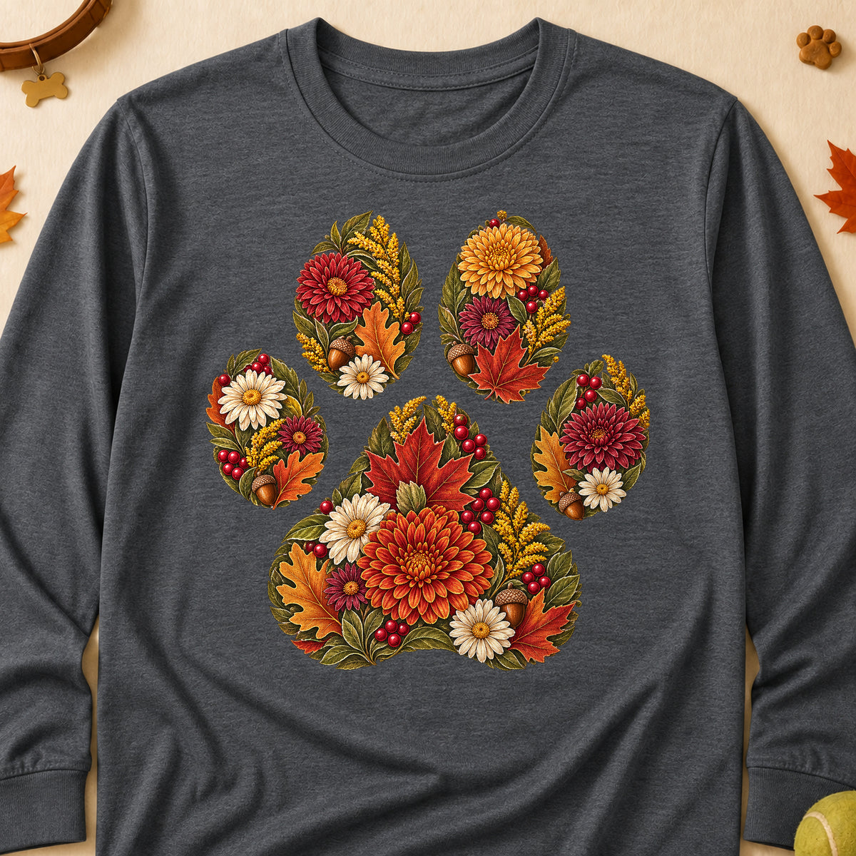 Floral Paw Print Fall Colored Print Long Sleeves - Dark Heather - Brooke & Belle