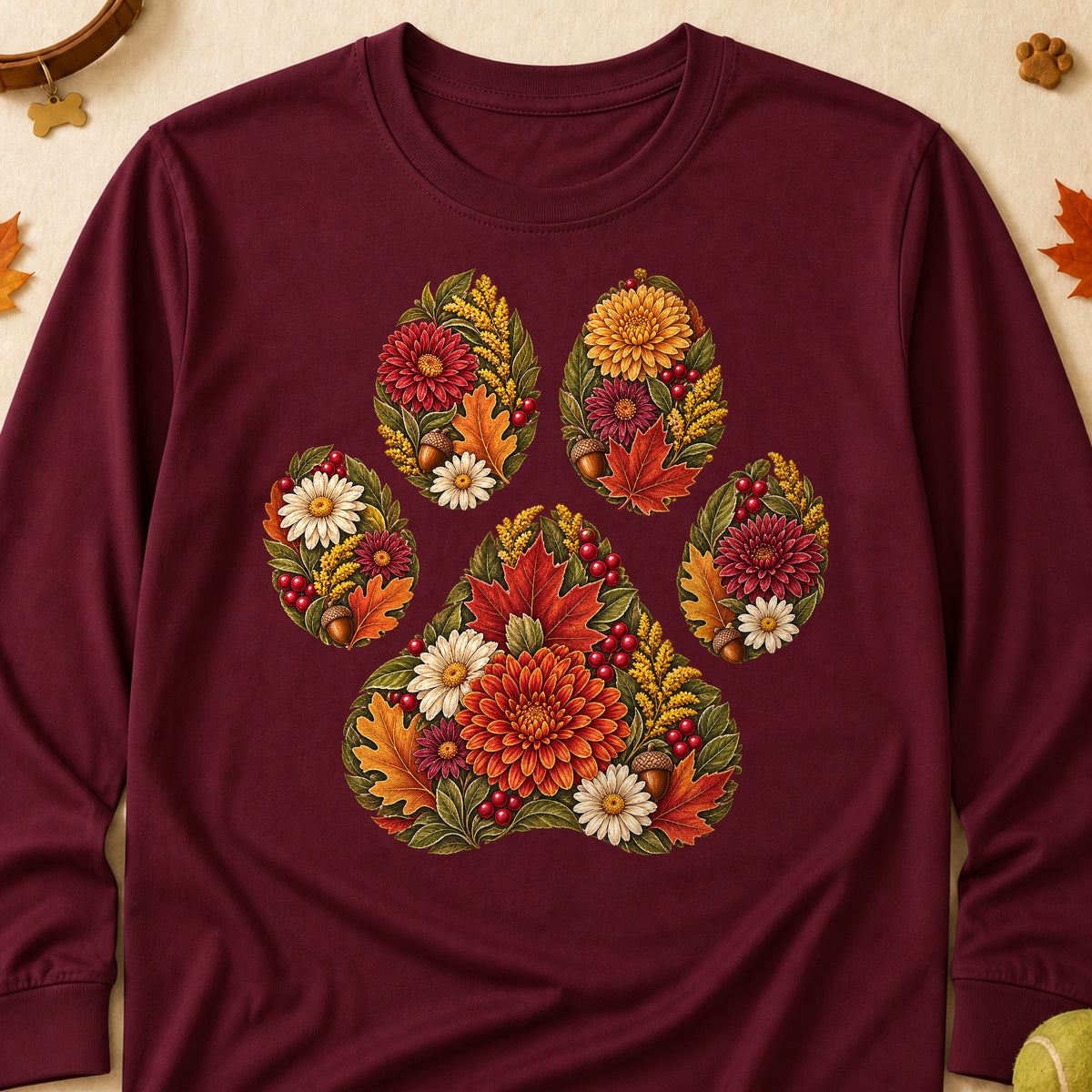 Floral Paw Print Fall Colored Print Long Sleeves - Maroon - Brooke & Belle