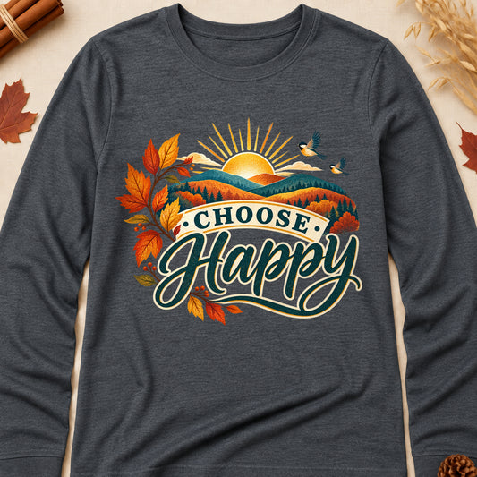 Choose Happy Fall Colored Print Long Sleeves - Dark Heather - Brooke & Belle