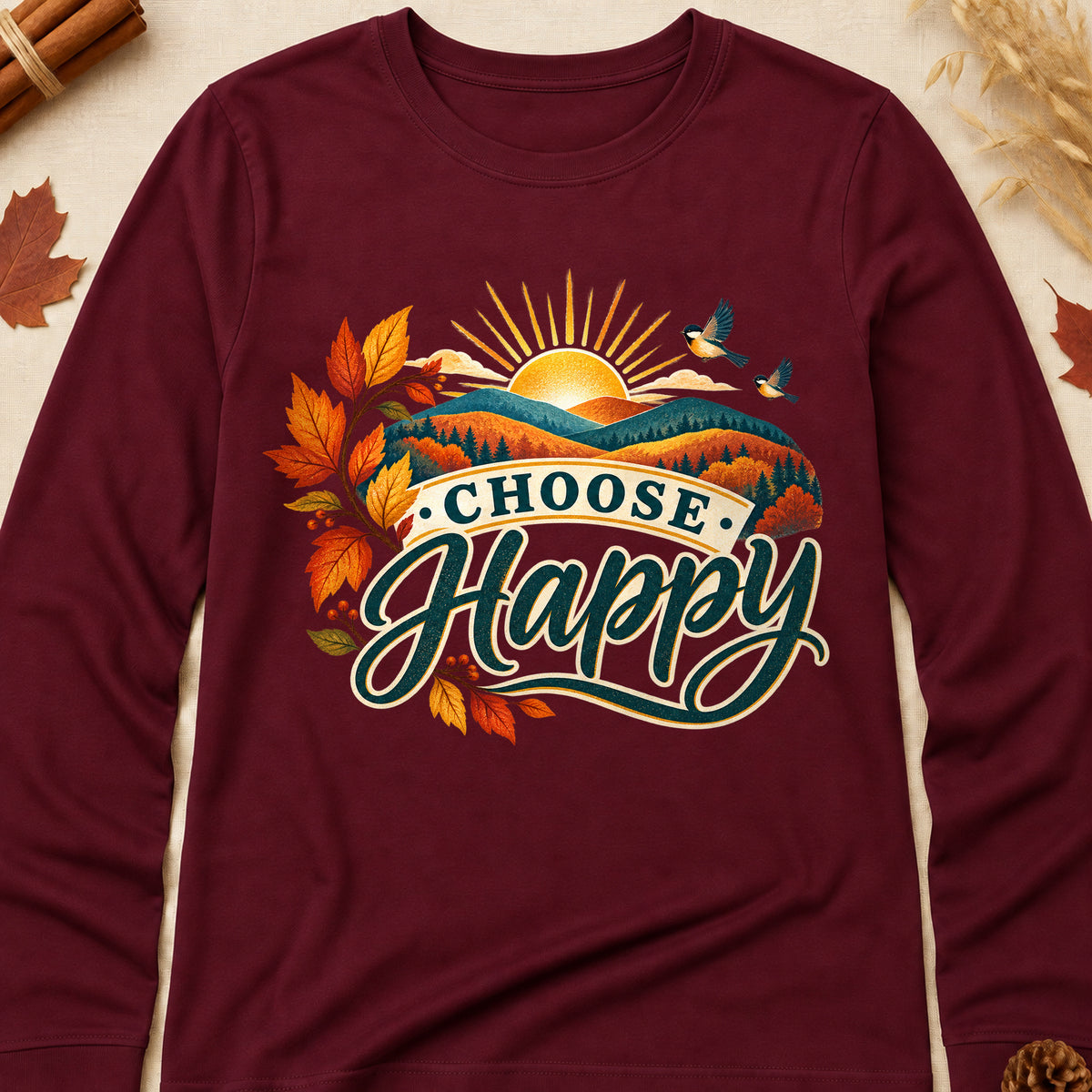 Choose Happy Fall Colored Print Long Sleeves - Maroon - Brooke & Belle