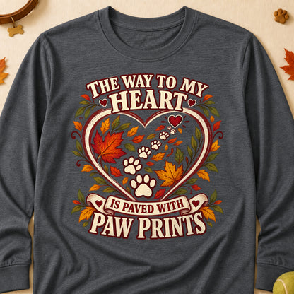 Way To My Heart Paw Prints Fall Colored Print Long Sleeves - Dark Heather - Brooke & Belle