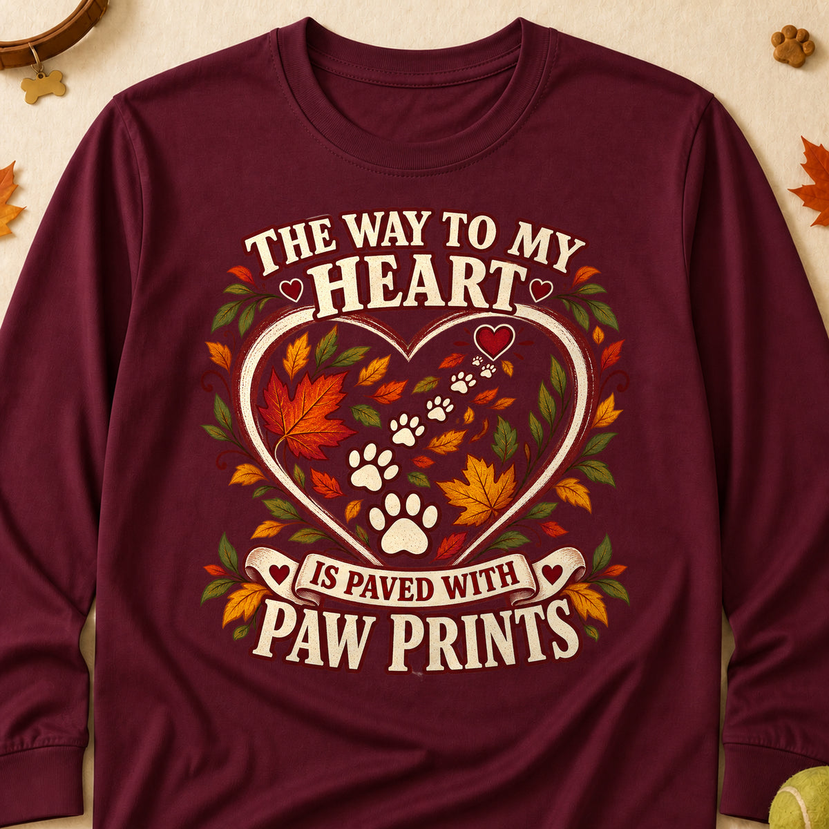 Way To My Heart Paw Prints Fall Colored Print Long Sleeves - Maroon - Brooke & Belle