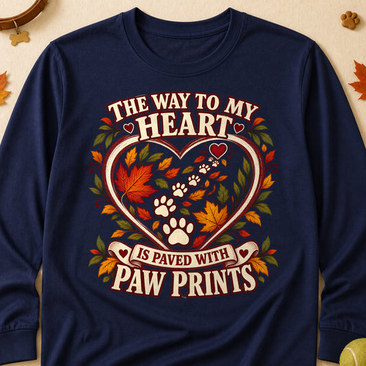 Way To My Heart Paw Prints Fall Colored Print Long Sleeves - Navy - Brooke & Belle