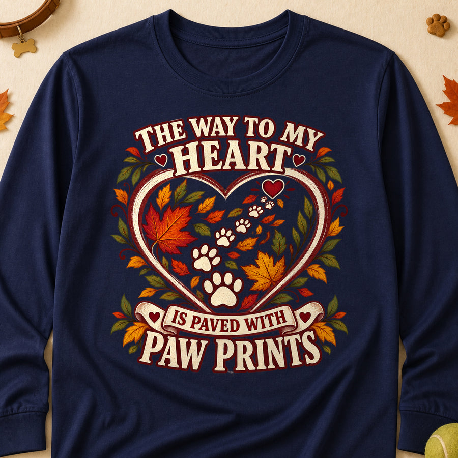 Way To My Heart Paw Prints Fall Colored Print Long Sleeves