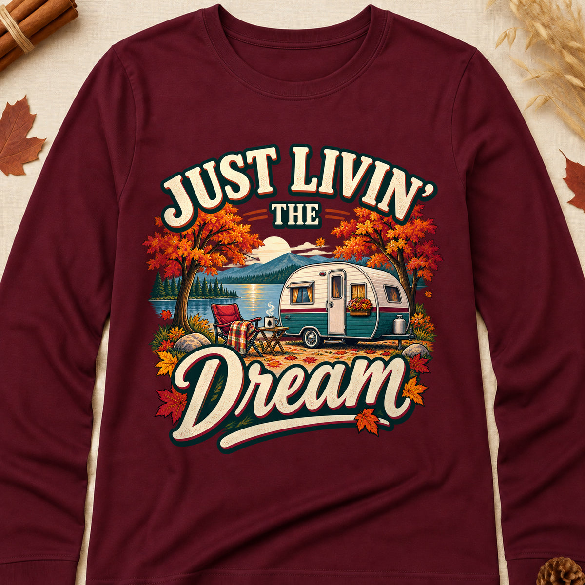 Just Livin' The Dream Fall Colored Print Long Sleeves - Maroon - Brooke & Belle