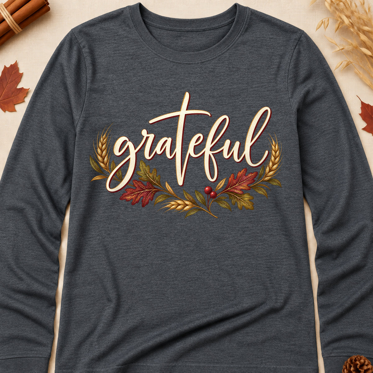 Grateful Fall Long Colored Print Sleeves - Dark Heather - Brooke & Belle