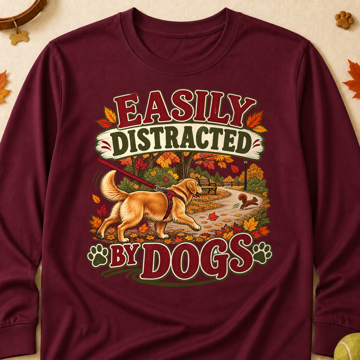 Easily Distracted By Dogs Fall Colored Print Long Sleeves - Maroon - Brooke & Belle