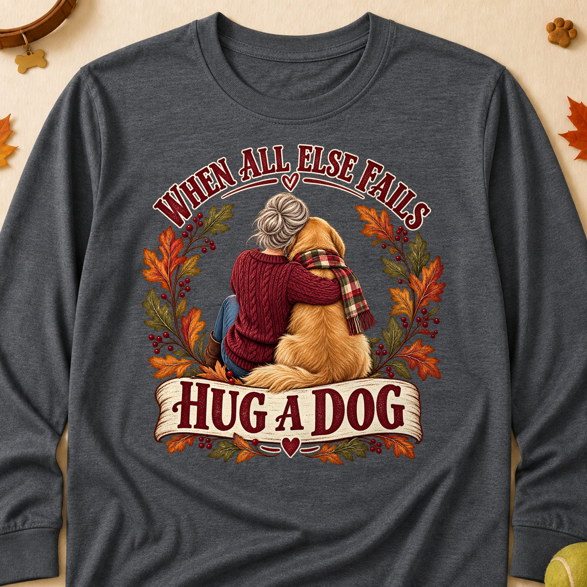 When All Else Fails Hug A Dog Fall Colored Print Long Sleeves - Dark Heather - Brooke & Belle