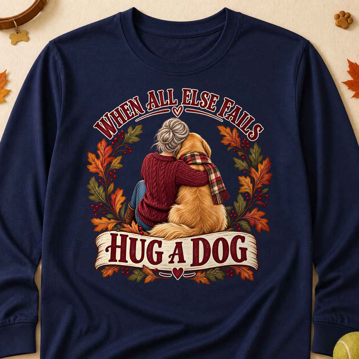 When All Else Fails Hug A Dog Fall Colored Print Long Sleeves - Navy - Brooke & Belle