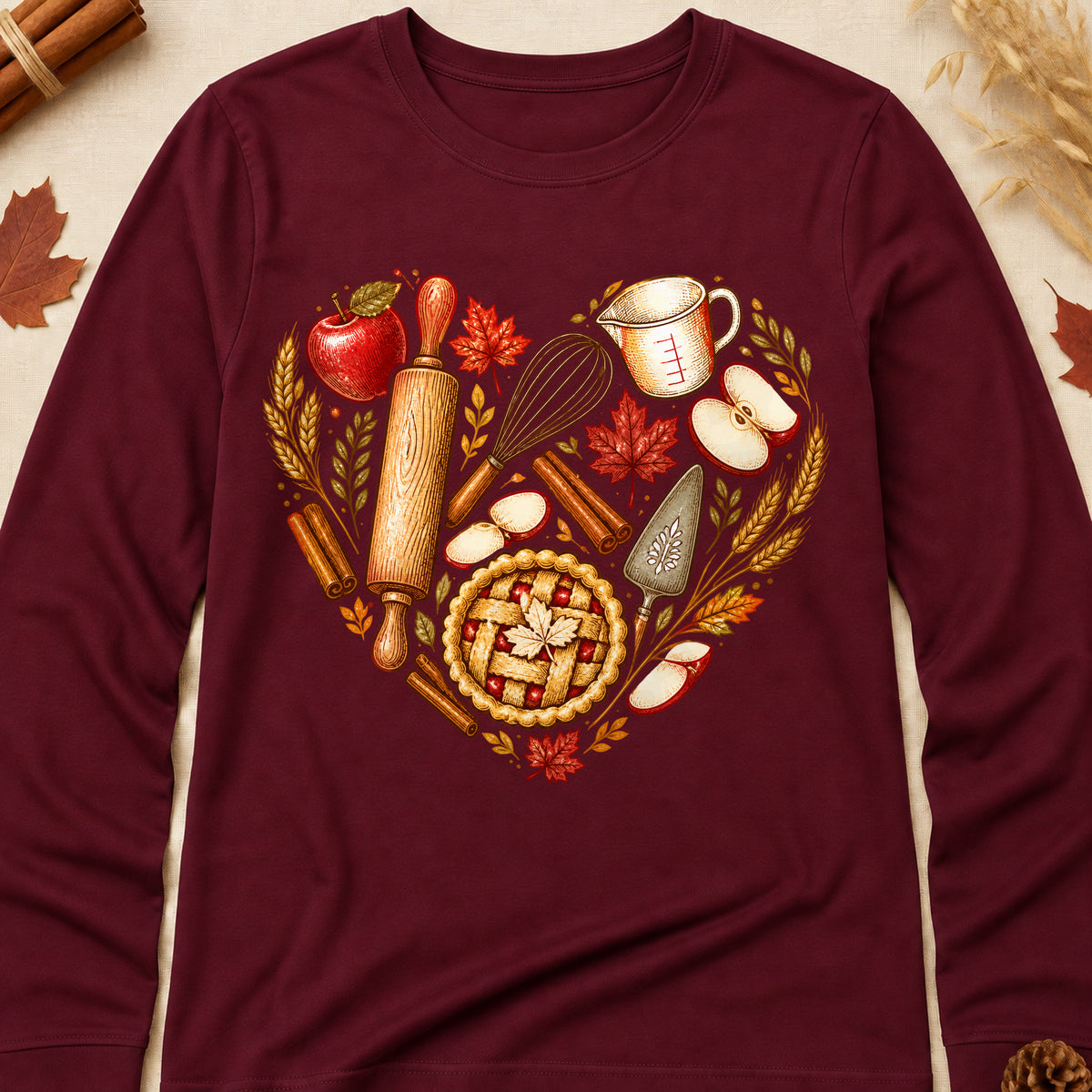 Baking Heart Fall Colored Print Long Sleeves - Maroon - Brooke & Belle