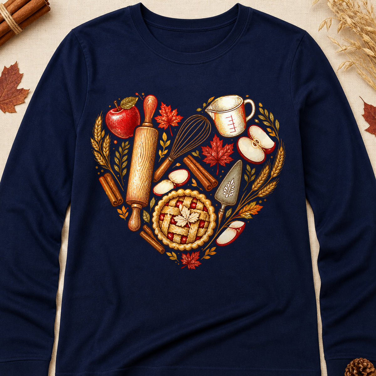 Baking Heart Fall Colored Print Long Sleeves - Navy - Brooke & Belle