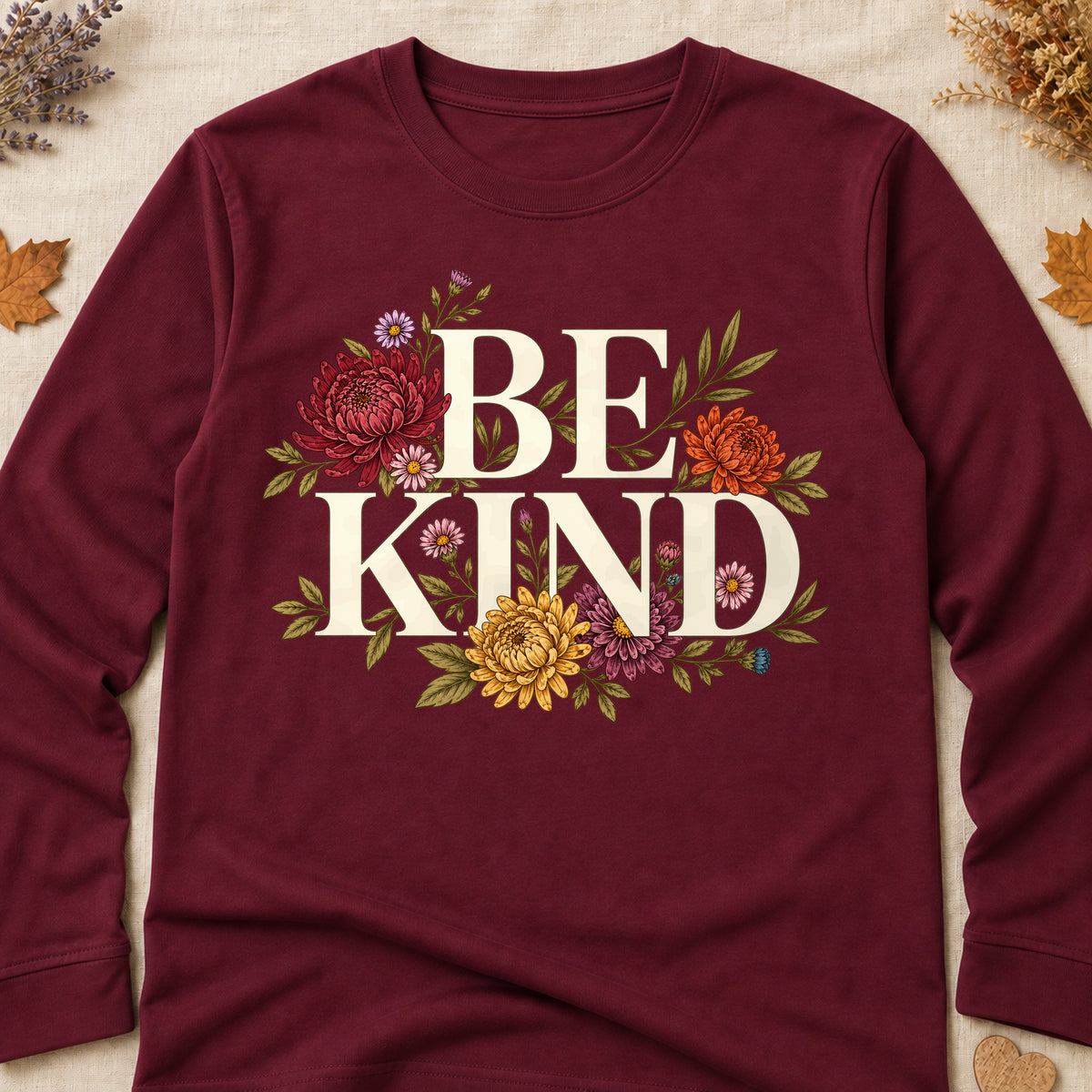 Be Kind Fall Colored Print Long Sleeves - Maroon - Brooke & Belle