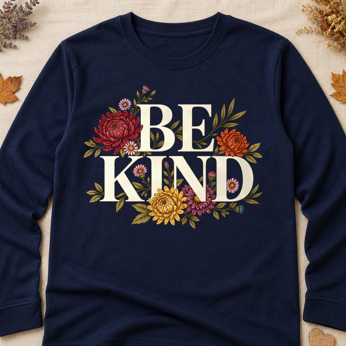 Be Kind Fall Colored Print Long Sleeves - Navy - Brooke & Belle