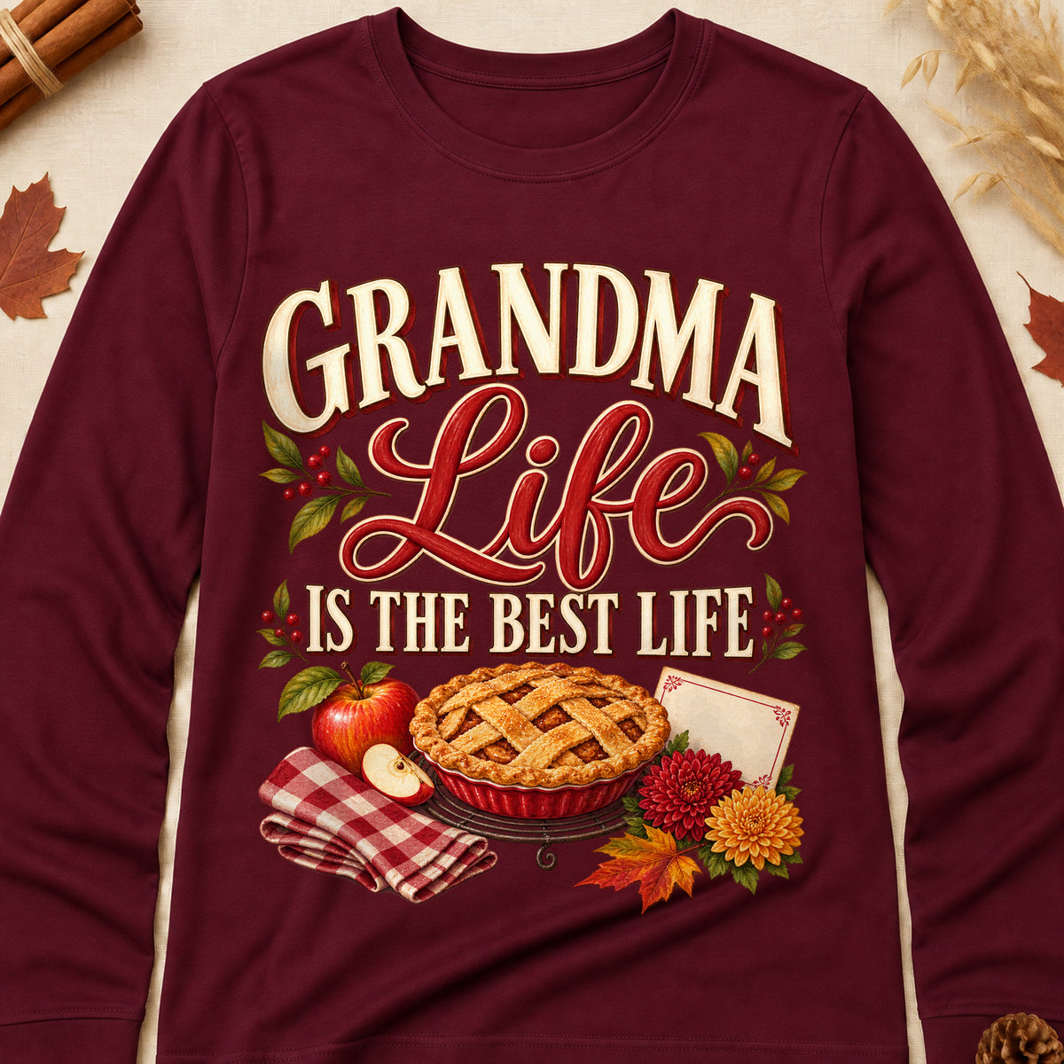 Grandma Life Is The Best Life Fall Colored Print Long Sleeves - Maroon - Brooke & Belle