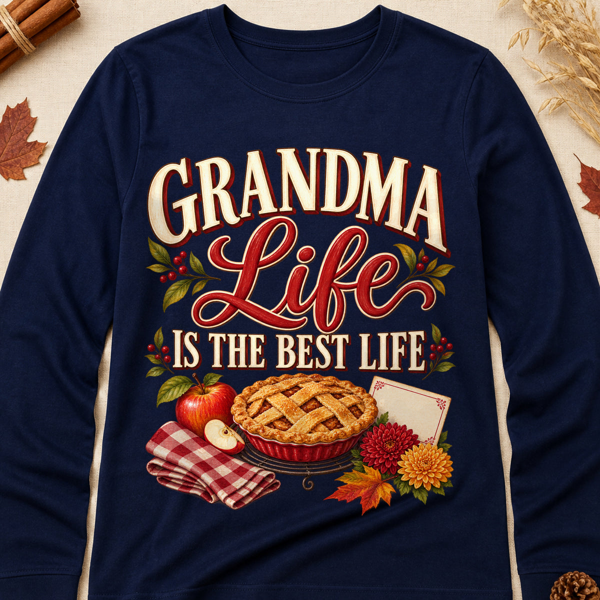 Grandma Life Is The Best Life Fall Colored Print Long Sleeves - Navy - Brooke & Belle