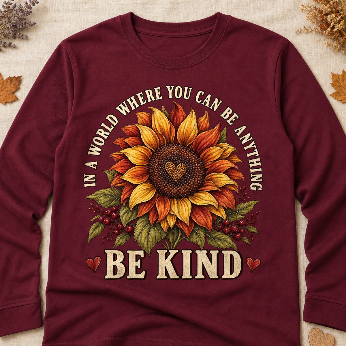 In A World Where You Can Be Anything Be Kind Fall Colored Print Long Sleeves - Maroon - Brooke & Belle