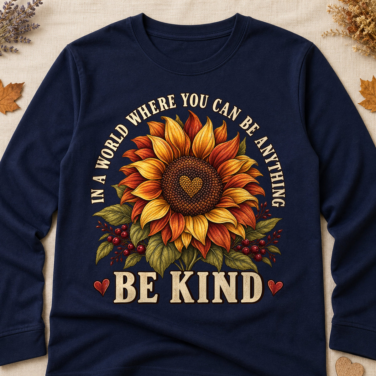 In A World Where You Can Be Anything Be Kind Fall Colored Print Long Sleeves - Navy - Brooke & Belle