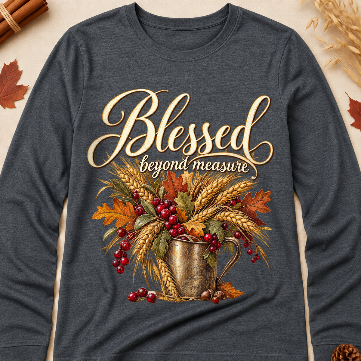 Blessed Beyond Measure Fall Colored Print Long Sleeves - Dark Heather - Brooke & Belle