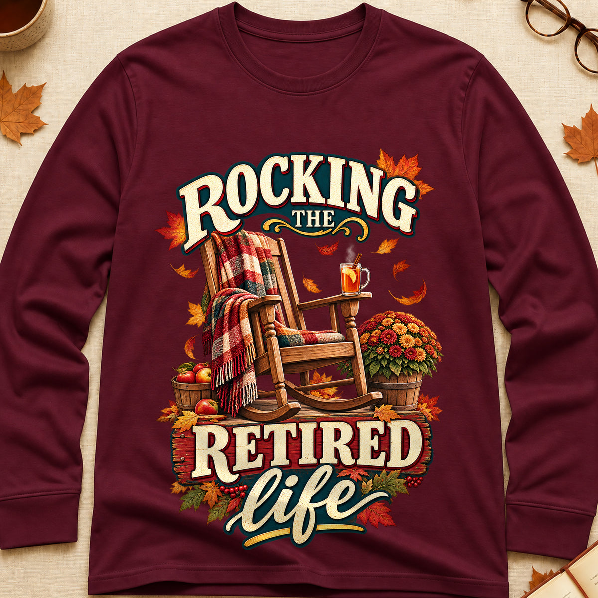 Rocking The Retired Life Fall Colored Print Long Sleeves - Maroon - Brooke & Belle
