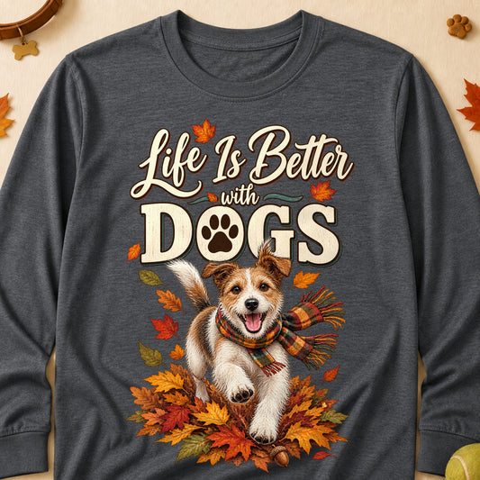 Life Is Better With Dogs Fall Colored Print Long Sleeves - Dark Heather - Brooke & Belle