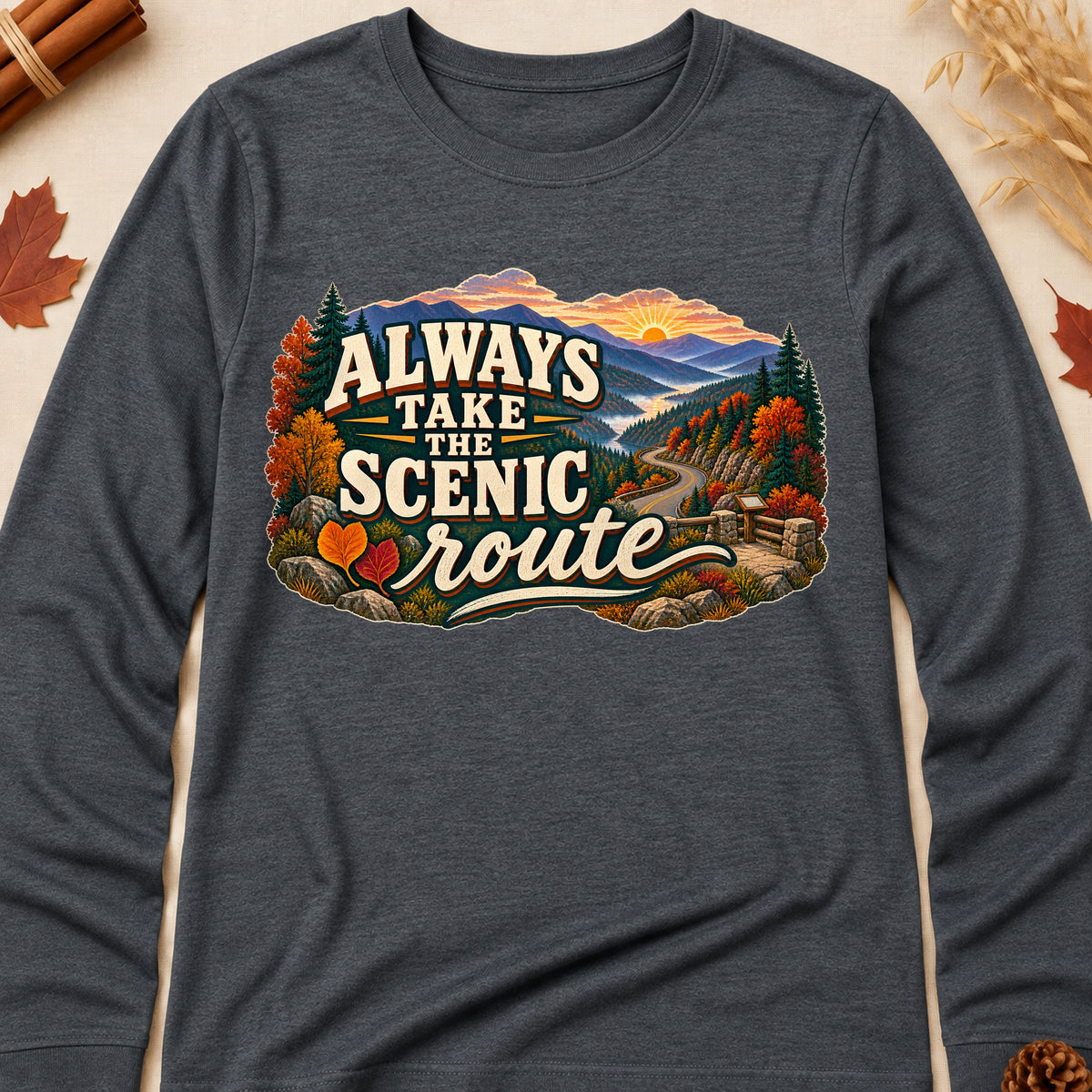 Always Take The Scenic Route Fall Colored Print Long Sleeves - Dark Heather - Brooke & Belle
