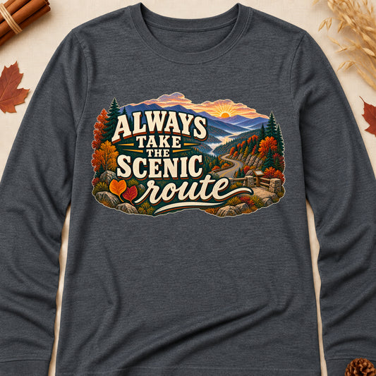 Always Take The Scenic Route Fall Colored Print Long Sleeves - Dark Heather - Brooke & Belle