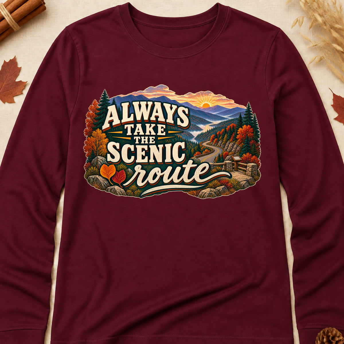 Always Take The Scenic Route Fall Colored Print Long Sleeves - Maroon - Brooke & Belle