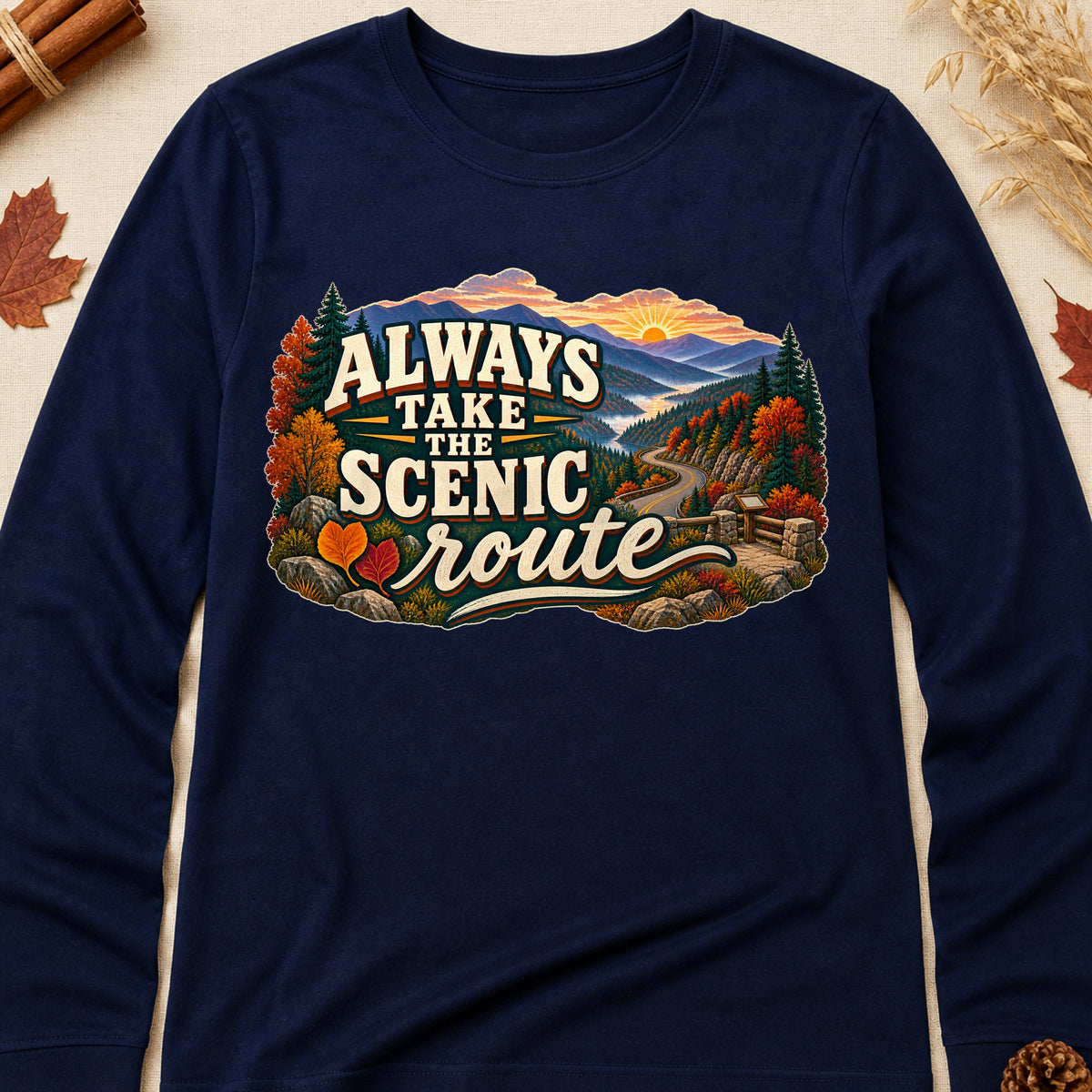 Always Take The Scenic Route Fall Colored Print Long Sleeves - Navy - Brooke & Belle